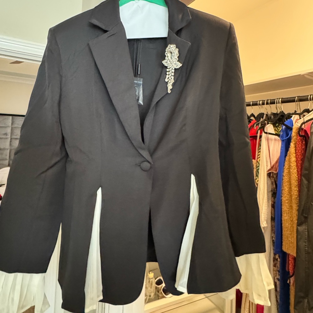 Black Blazer with Brooch Accent